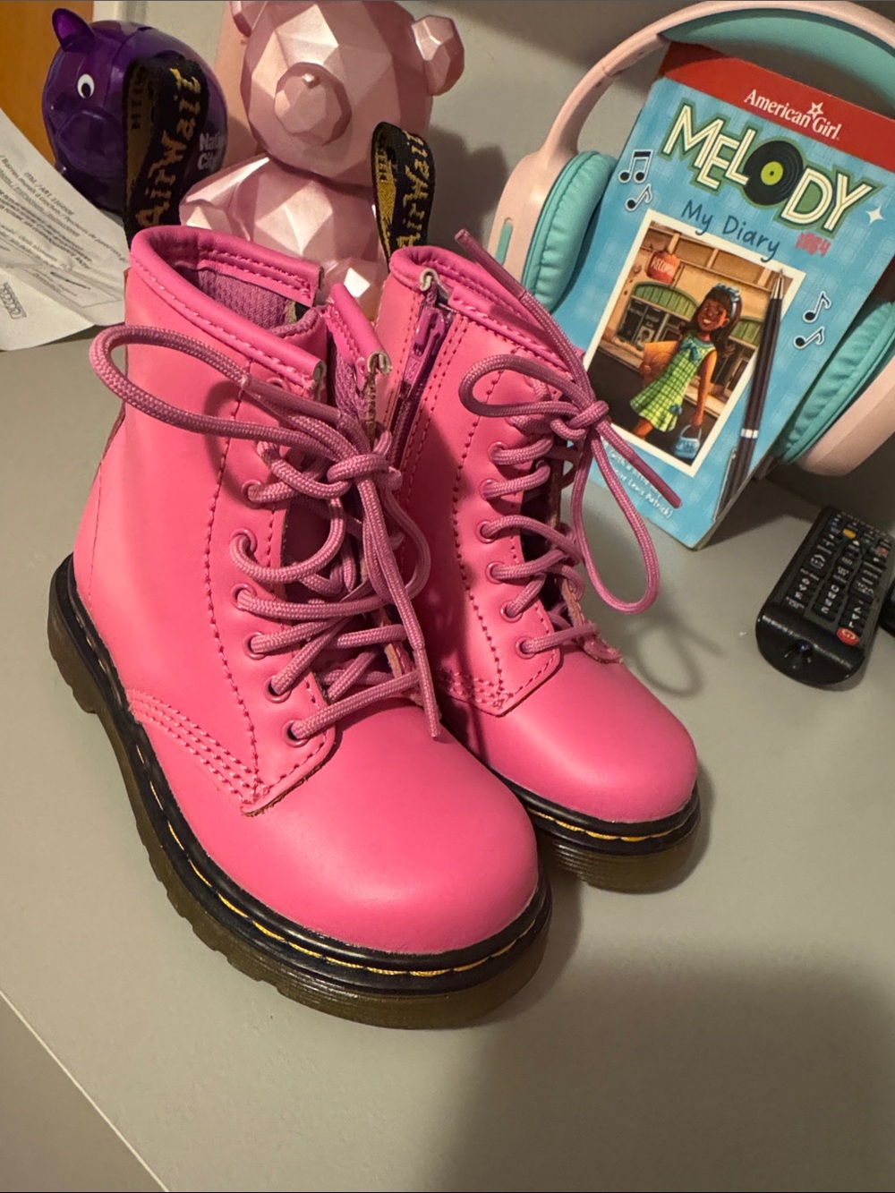 Dr. Martens Kids Pink Lace-Up Combat Boots with Black Sole
